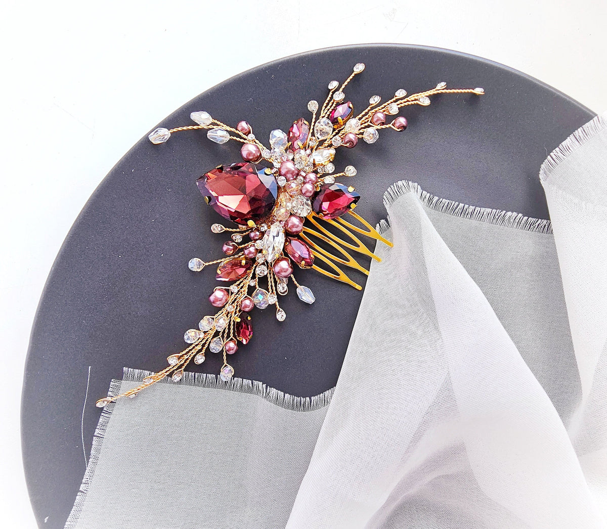 Burgundy Crystal Wedding Hair Comb, Bridal Hair Piece, 6 Inch