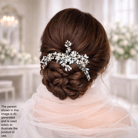 a woman's back view with her hair styled in a bun, adorned with a decorative hair accessory featuring white flowers.