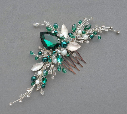 Handmade Emerald Crystal Wedding Hair Comb: Bridal Hair Jewelry