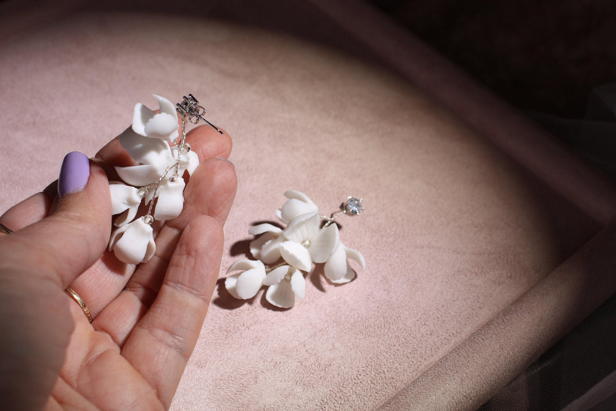 Porcelain Flower Bridal Earrings, Rhinestone Wedding Earrings, Floral Bridesmaid Jewelry