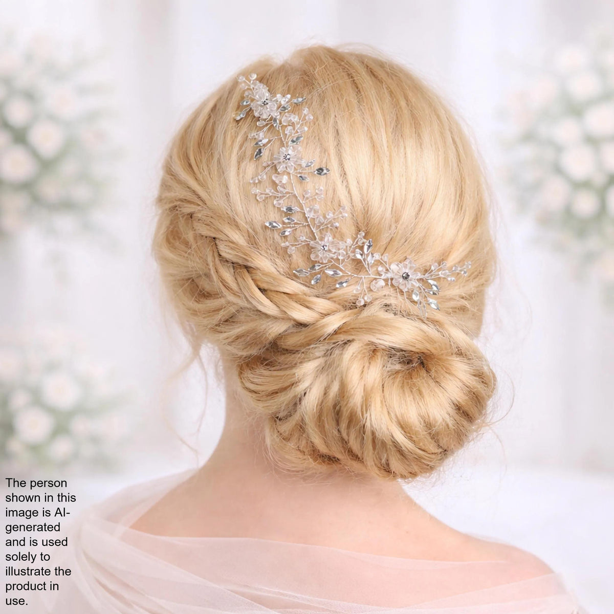 A woman with blonde hair styled in a bun, wearing a decorative hair accessory with flowers.
