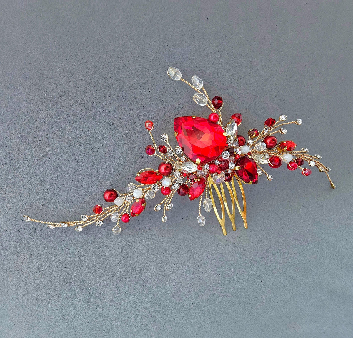 Red Crystal Wedding Hair Comb, Gold Bridal Hairpiece with Pearls, Bridesmaids Accessory