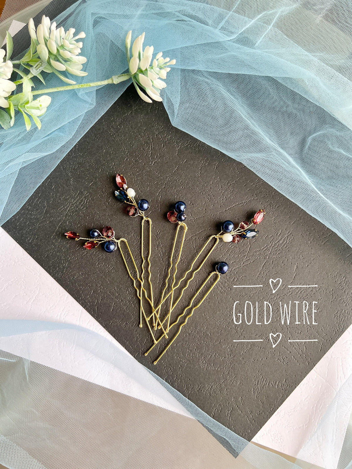 Wine Blue Crystal Pearl Wedding Hair Pins, Bridal Hairpiece Set, Elegant Updo Pins