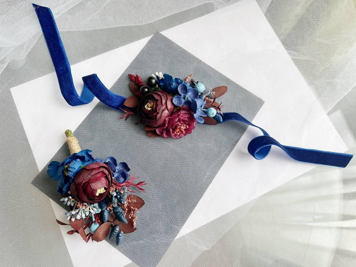 Burgundy Rose Groom Boutonniere, Navy Accents, Handmade