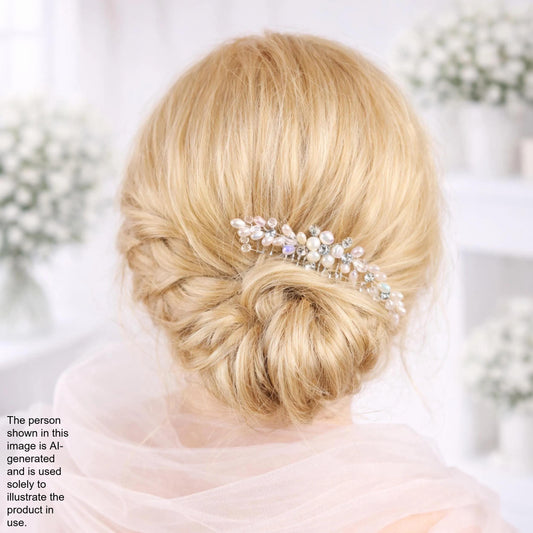 a woman's blonde hair styled in a bun with a decorative hair accessory, possibly a hair clip or brooch, on top of her head.