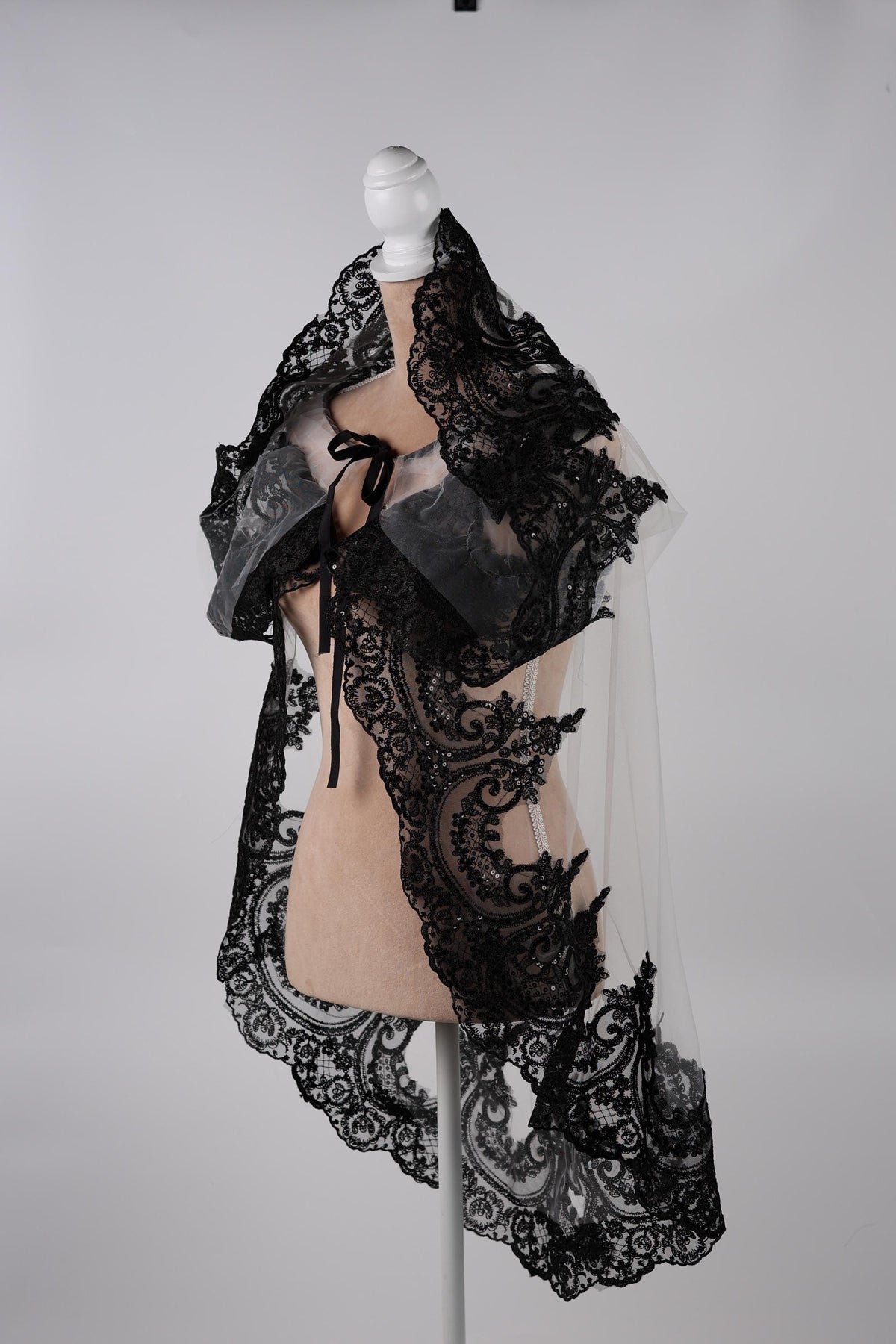 Bridal Cape White with Black Lace Trim, 60 Inch
