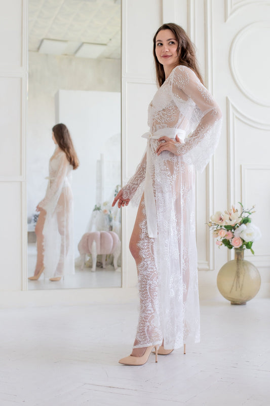 White Lace Bridal Robe, Sheer Wedding Lingerie, Long Bridal Cover Up, Honeymoon Outfit
