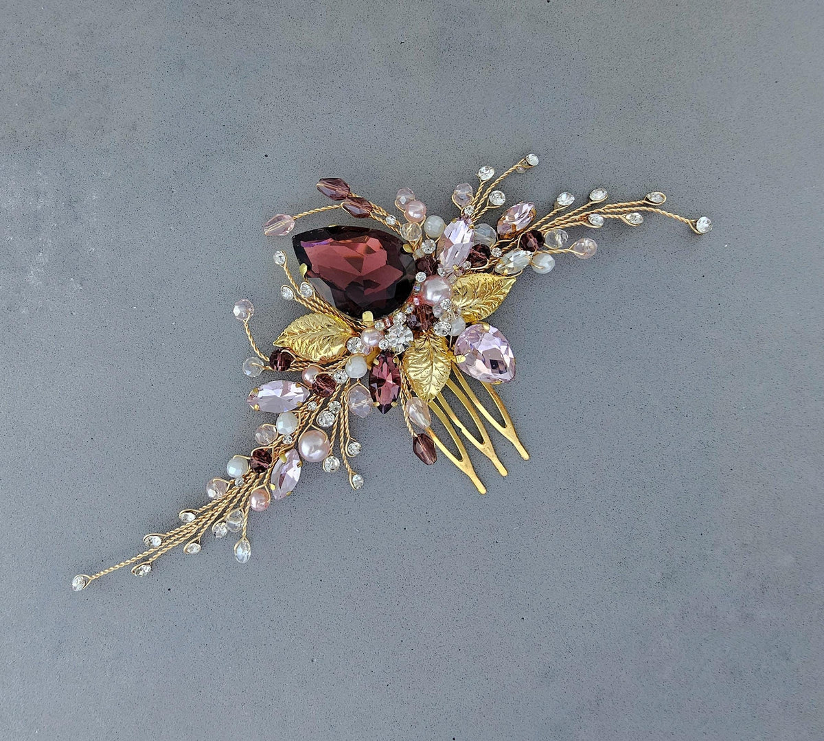 Burgundy Crystal Wedding Hair Comb, Gold & Pink Bridal Piece, 6 Inch