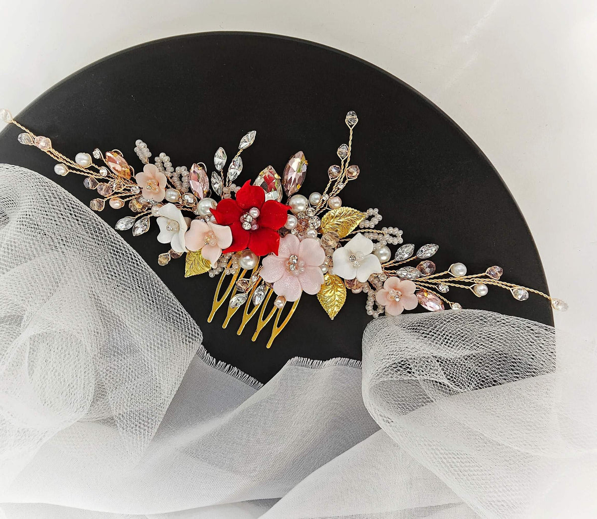 Red Blush Flower Wedding Hair Comb, Crystal Bridal Headpiece, 7 Inch