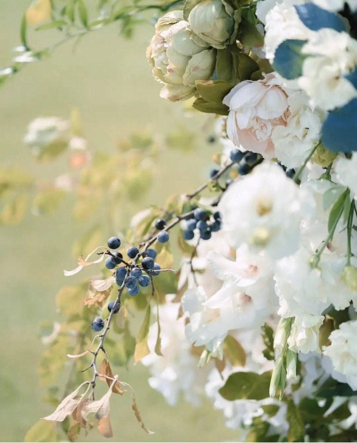 A close-up view of a vibrant floral arrangement, featuring a variety of white and pink flowers, along with some blue berries, creating a visually appealing and colorful composition.