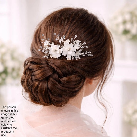 A woman with her hair styled in a bun, adorned with a decorative hair accessory featuring white flowers.