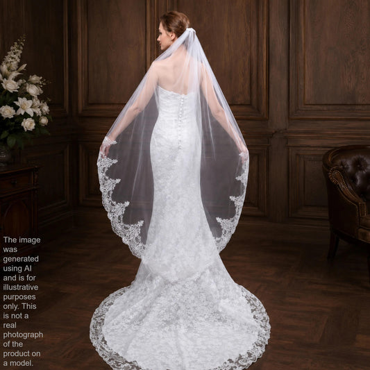 A bride in a white lace wedding dress stands in a room with a wooden paneled wall, her back to the camera, wearing a long white veil with lace trim.