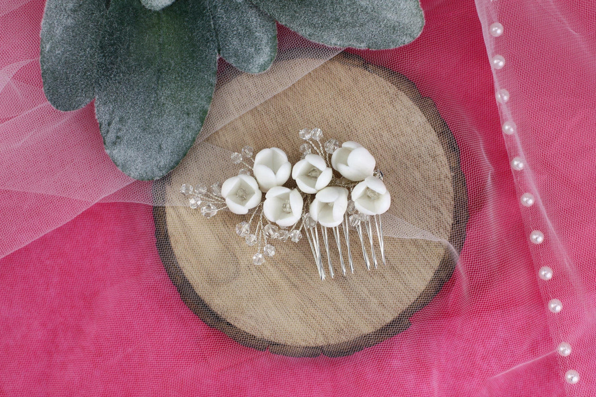 White Flower Bridal Hair Comb, Crystal Silver Wedding Hairpiece, 6 Inch
