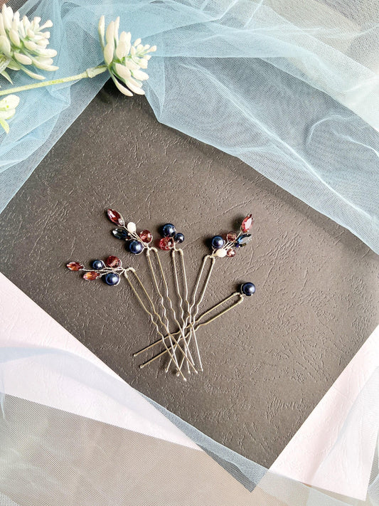 Wine Blue Crystal Pearl Wedding Hair Pins, Bridal Hairpiece Set, Elegant Updo Pins