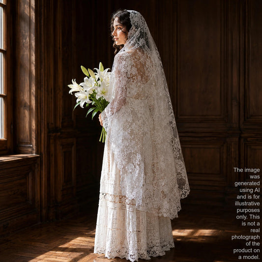 A woman in a white lace wedding dress stands in a room with wooden paneling, holding a bouquet of white lilies.