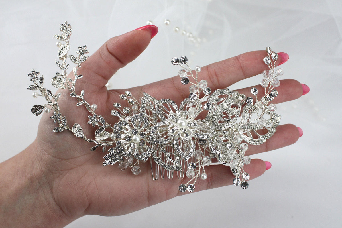 Crystal Flower Bridal Hair Comb, Silver Wedding Hairpiece