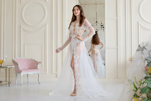 Long Lace Bridal Robe with Train, Sheer Tulle Wedding Cover Up