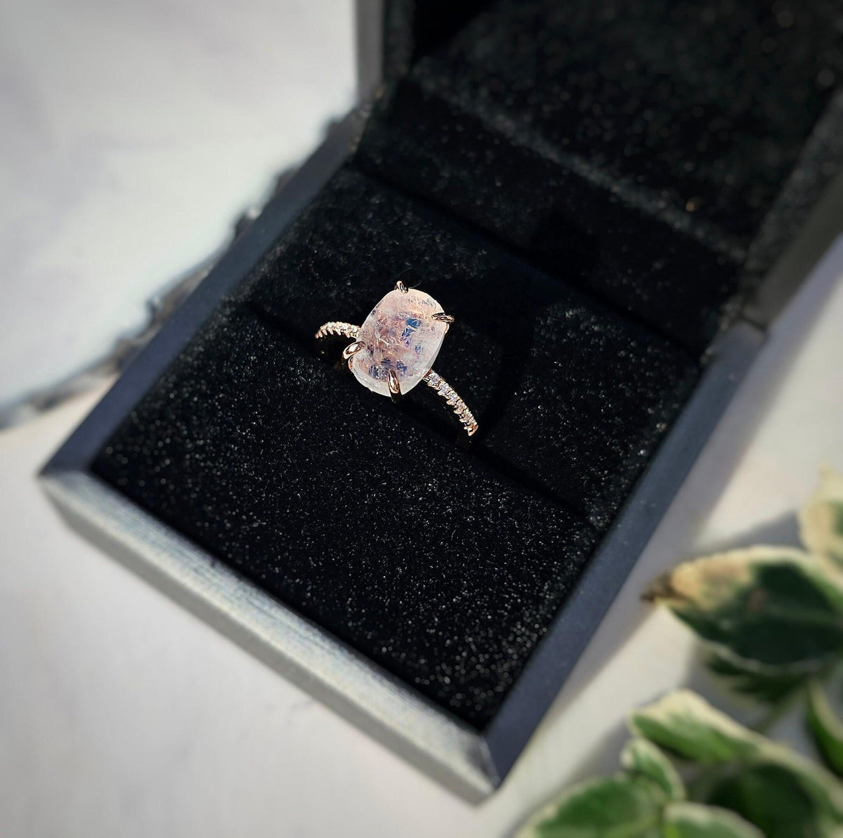 Oval Moonstone Engagement Ring: Rose Gold Sterling Silver Branch Band