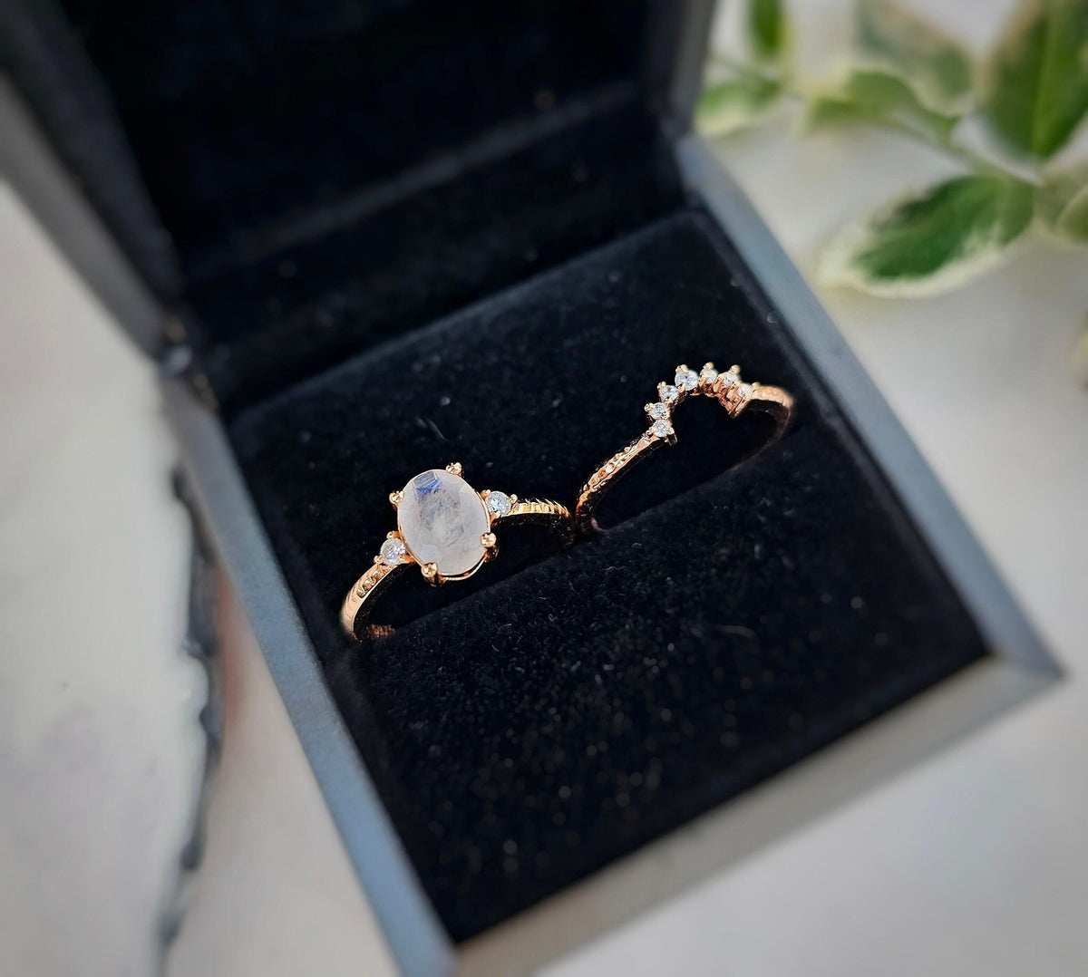 Rainbow Moonstone Engagement Ring Set: Rose Gold Plated Sterling Silver