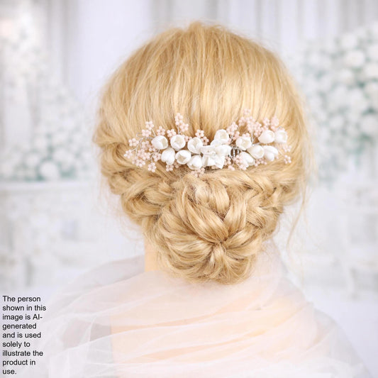 the back view of a woman's blonde hair styled in a bun with a decorative flower accessory.