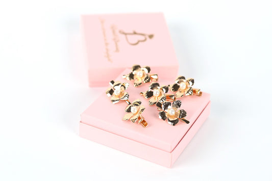 A pink box with gold-colored flower-shaped earrings placed on top of it.