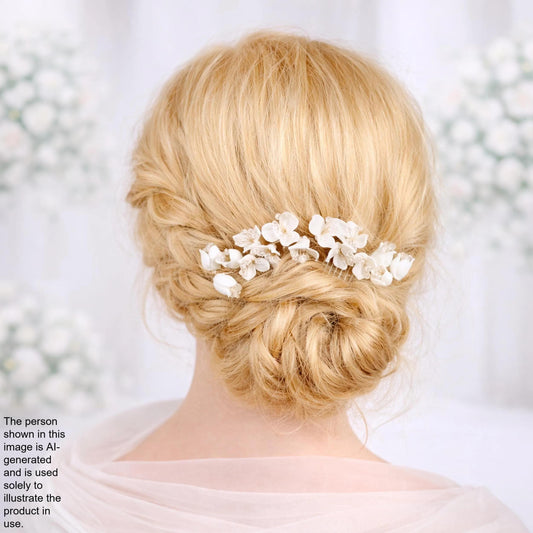 the back view of a woman's blonde hair with a flower accessory, likely a veil or hairpiece, styled in an updo.