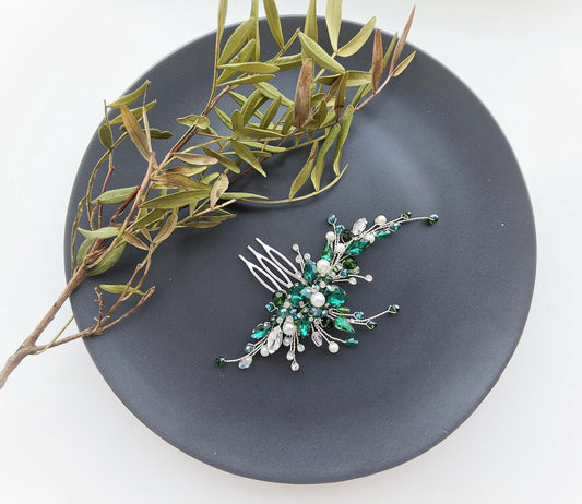 Emerald Crystal Bridal Hair Comb, Silver Wedding Hair Piece, Pearl Hair Jewelry