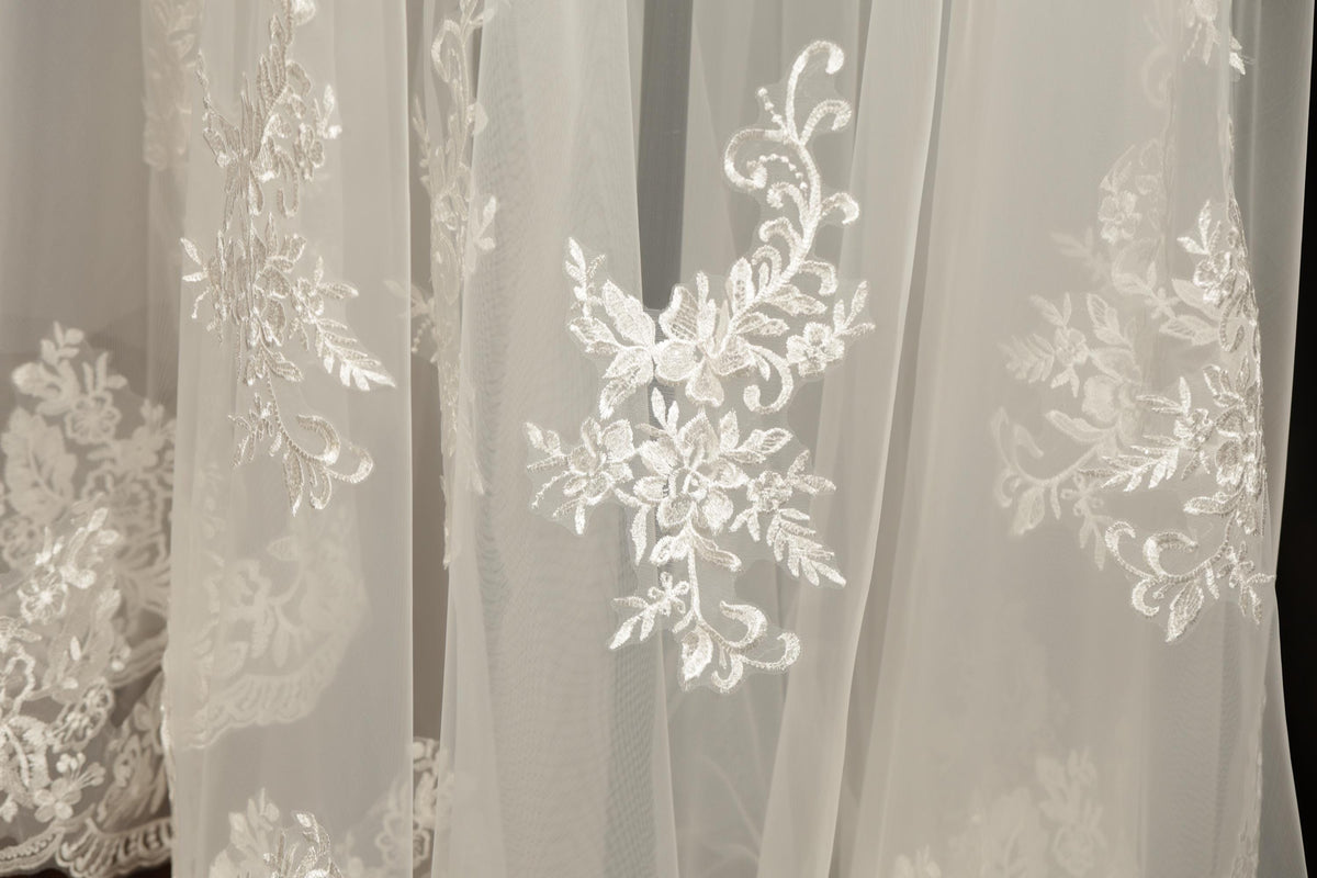 a close-up view of delicate white lace fabric with intricate floral embroidery.