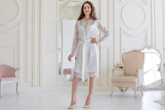 White Satin Bridal Robe, Long Lace Sleeves, Short Wedding Getting Ready Outfit