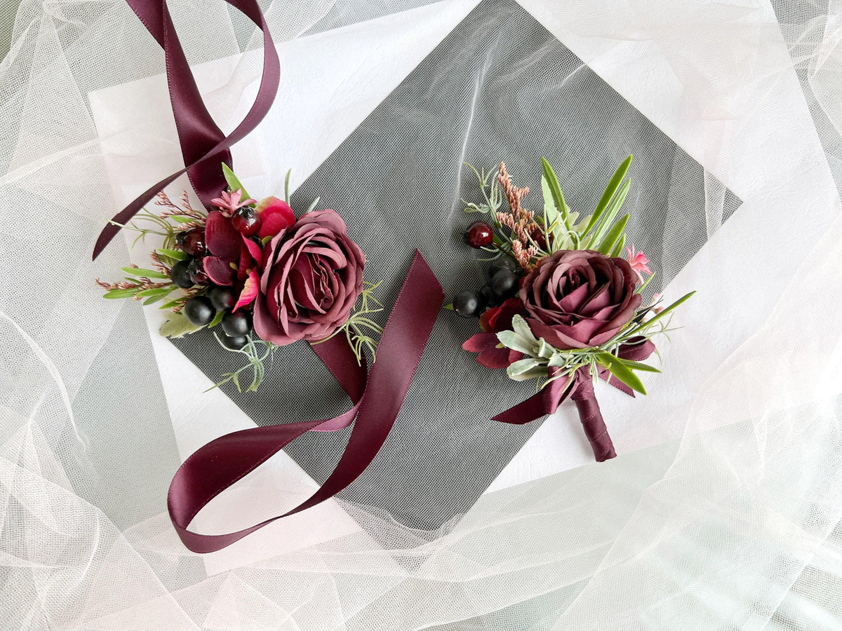 Wine Rose Grooms Boutonniere: Handmade Wedding Corsage