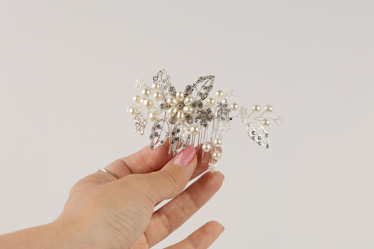 Pearl Floral Bridal Hair Comb, Silver Wedding Hairpiece