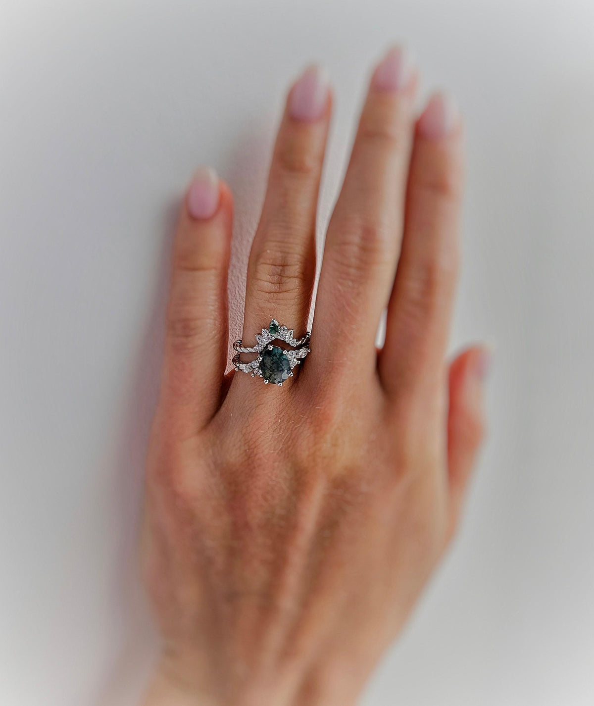 Moss Agate Engagement Ring Set: Sterling Silver Crown Tiara Wedding Band