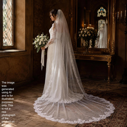 A bride in a long white wedding dress stands in a room with a large window, holding a bouquet of flowers and wearing a veil.