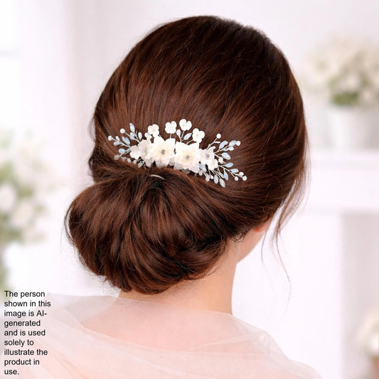 a woman's back view with her hair styled in a bun, featuring a decorative hair accessory with white flowers.