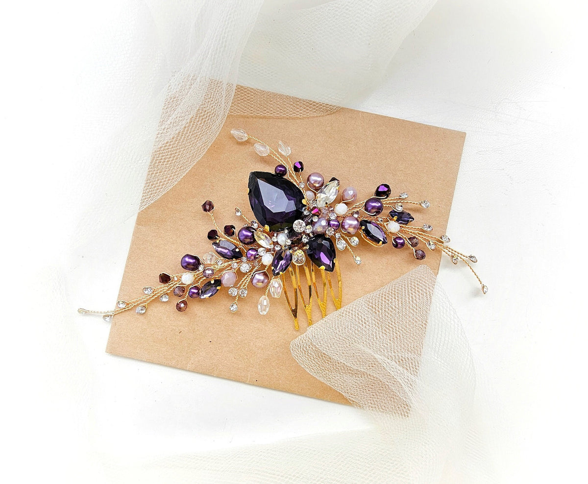 Purple Crystal Wedding Hair Comb: Handmade Violet Bridal Hairpiece