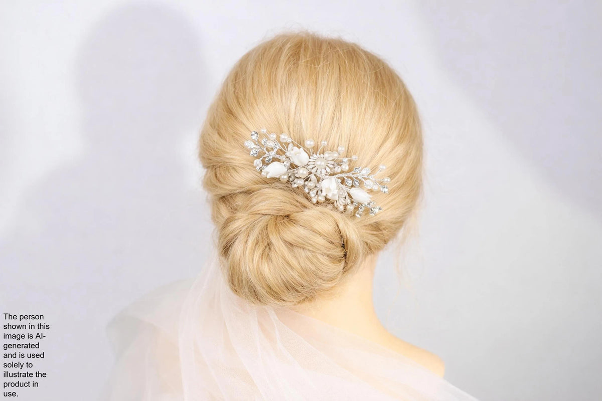 A woman's blonde hair is styled in a bun, with a decorative hair accessory featuring a floral design.