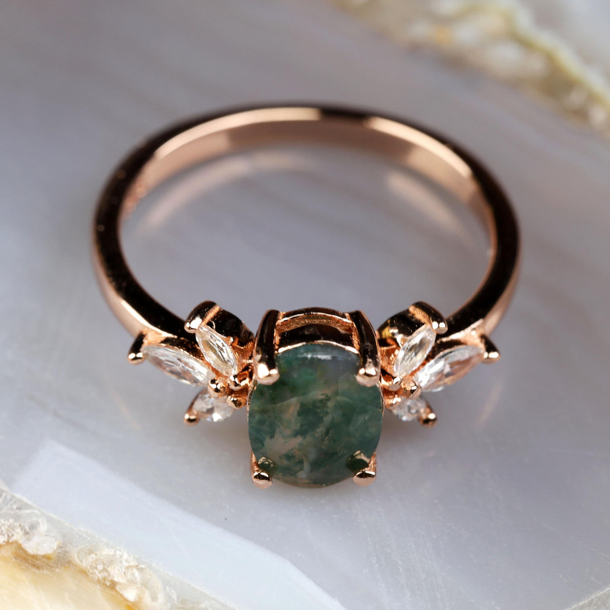 Oval Moss Agate Engagement Ring: Rose Gold Plated Sterling Silver, CZ Accents