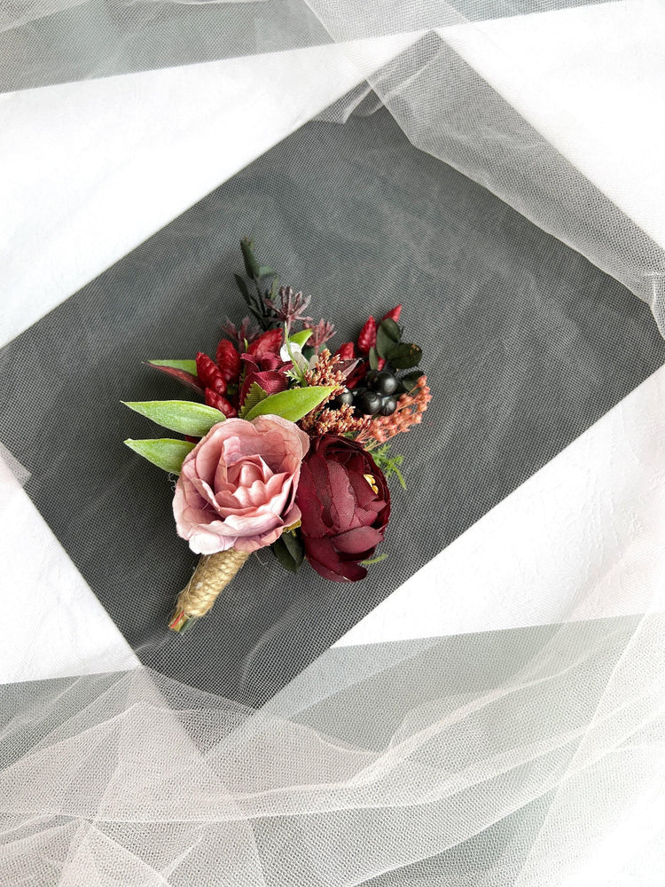Burgundy Blush Rose Grooms Boutonniere: Handmade Wedding Accessories