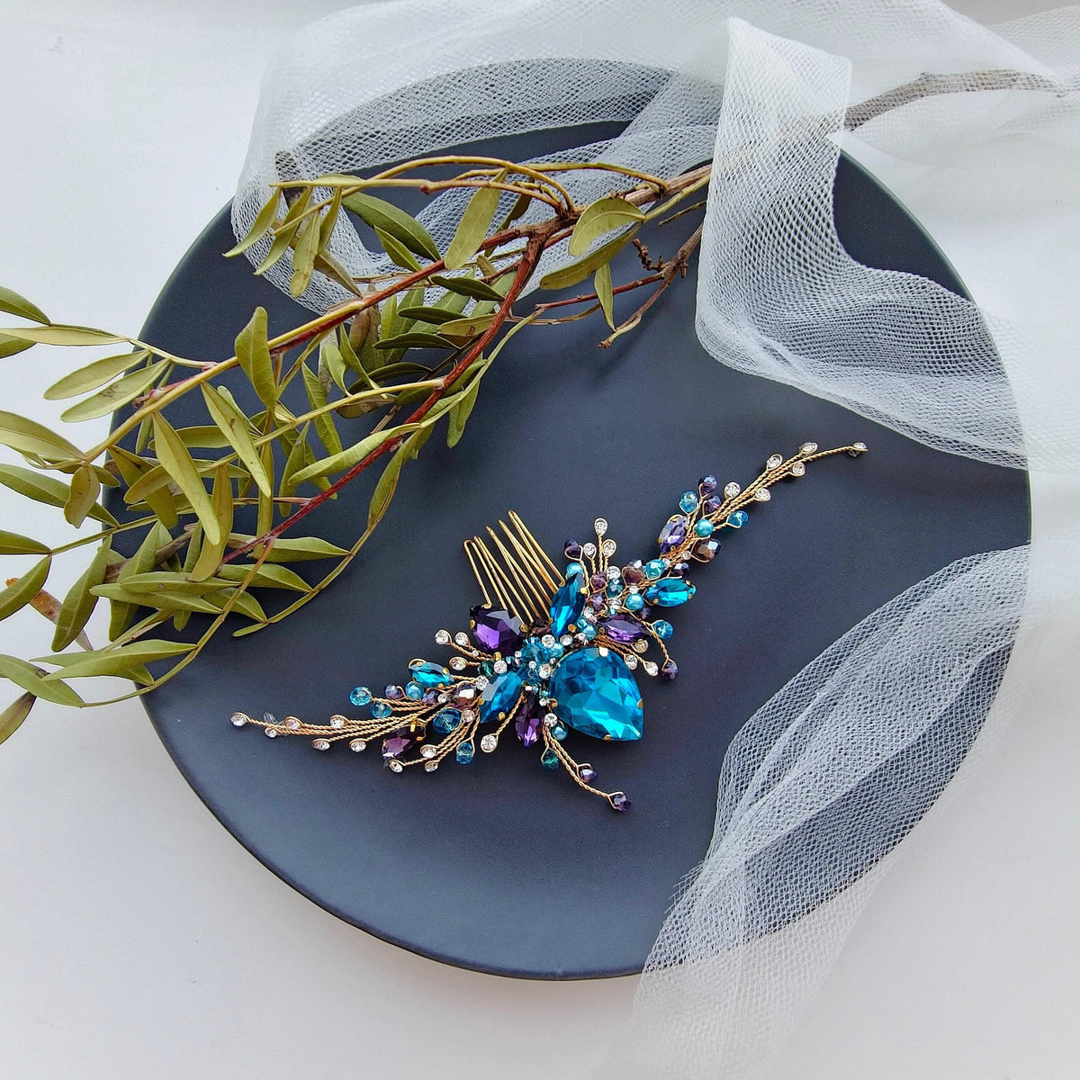 Blue & Purple Crystal Wedding Hair Comb, Gold Bridal Hairpiece, 6 Inch