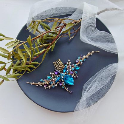 Blue & Purple Crystal Wedding Hair Comb, Gold Bridal Hairpiece, 6 Inch