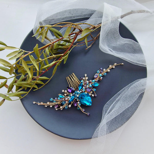 Blue & Purple Crystal Wedding Hair Comb, Gold Bridal Hairpiece, 6 Inch
