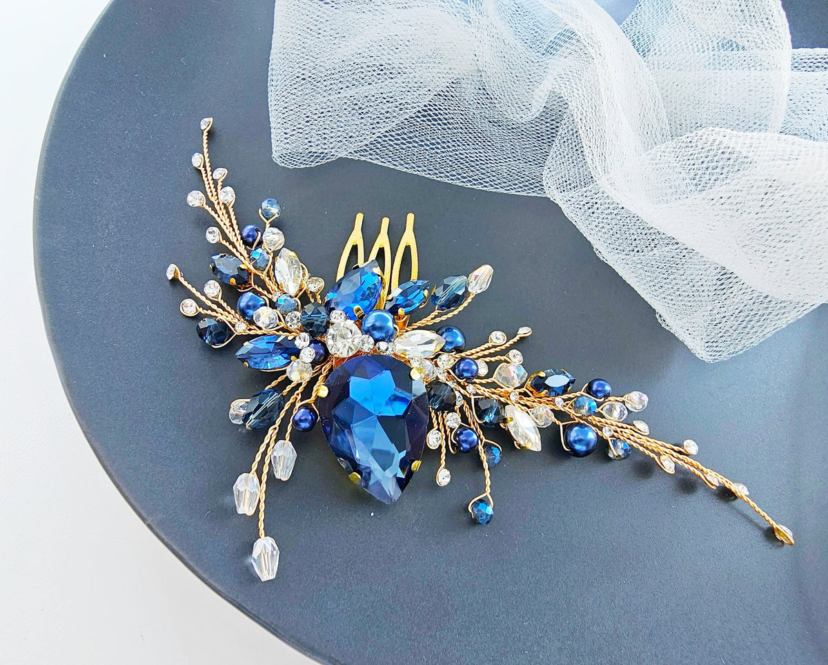 Navy Blue Crystal Bridal Hair Comb, Wedding Hairpiece, 6 Inch