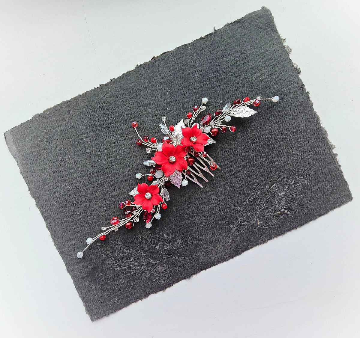 Red Floral Wedding Hair Comb. Elegant Bridal or Prom Hairpiece. Handmade Wedding Accessory for Brides & Bridesmaids