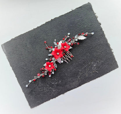 Red Floral Wedding Hair Comb. Elegant Bridal or Prom Hairpiece. Handmade Wedding Accessory for Brides & Bridesmaids