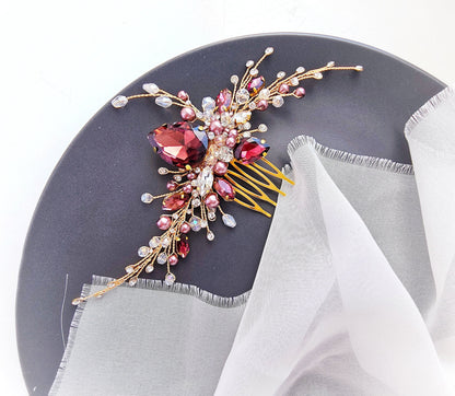Burgundy Crystal Wedding Hair Comb, Bridal Hair Piece, 6 Inch
