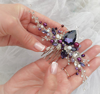 Purple Crystal Wedding Hair Comb: Handmade Violet Bridal Hairpiece