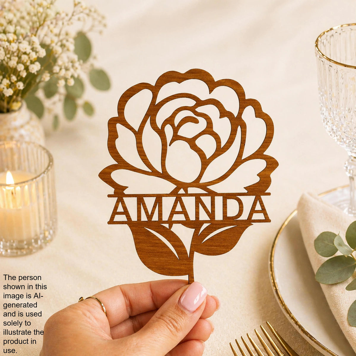A hand holding a wooden rose-shaped cake topper with the name "Amanda" written on it, placed on a table with a candle, glassware, and greenery.