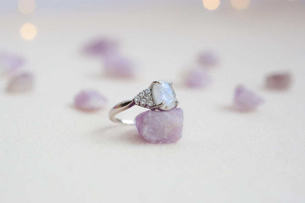 Dainty Moonstone Ring: Rhodium Plated 925 Sterling Silver Engagement Jewelry