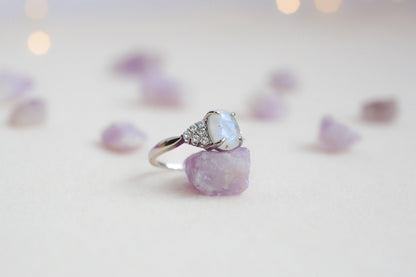 Dainty Moonstone Ring: Rhodium Plated 925 Sterling Silver Engagement Jewelry
