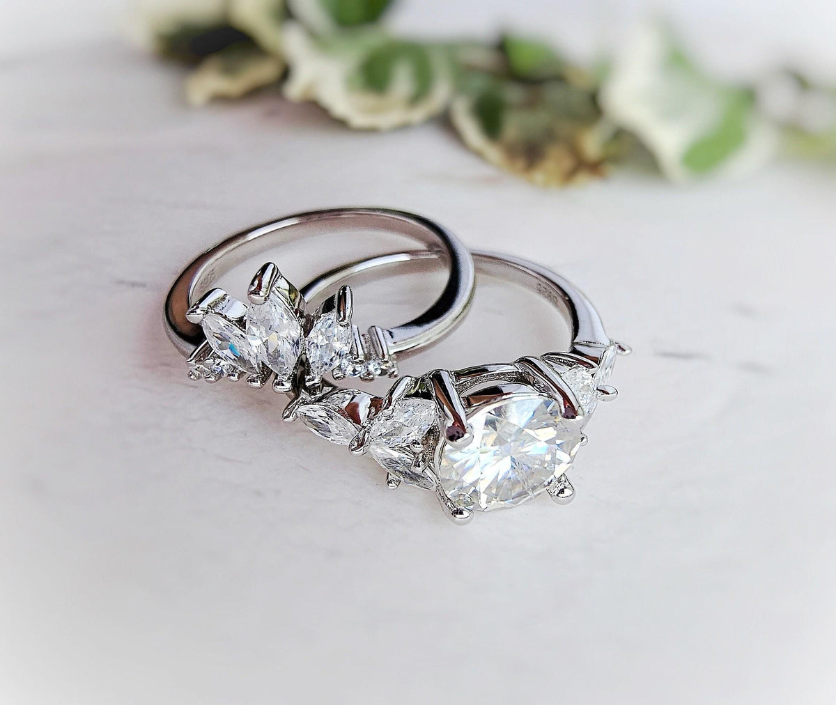 Moissanite Engagement Ring Set: Marquise Crown, Rhodium Plated Silver